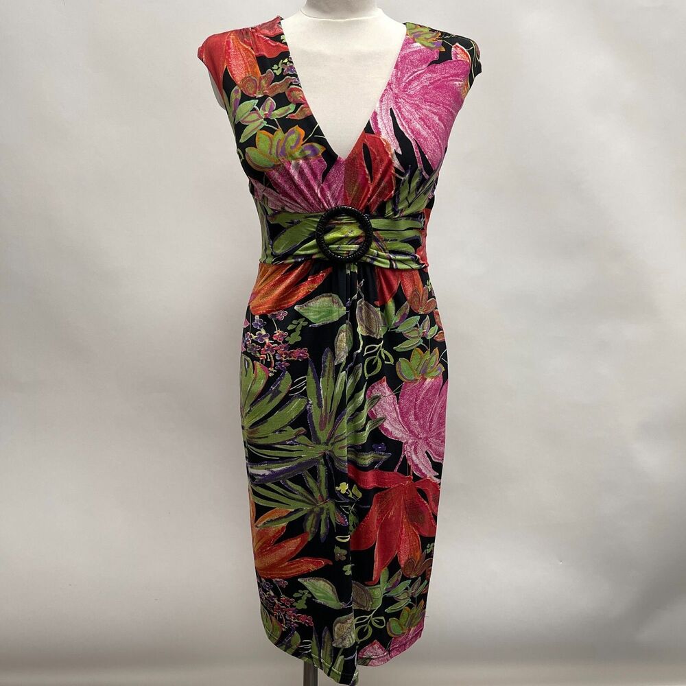 Joseph Ribkoff Women's Dress Size 8‎ Black Red Green Pink Floral Leaves